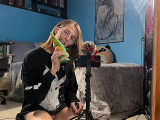 Tgirl plays with her new tentacle toy